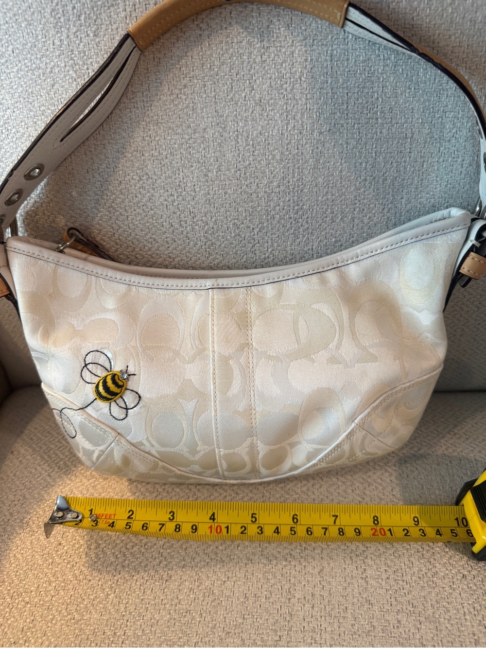 Coach Ivory Signature-Pattern Shoulder Bag with Bee Patch Vintage Collectible